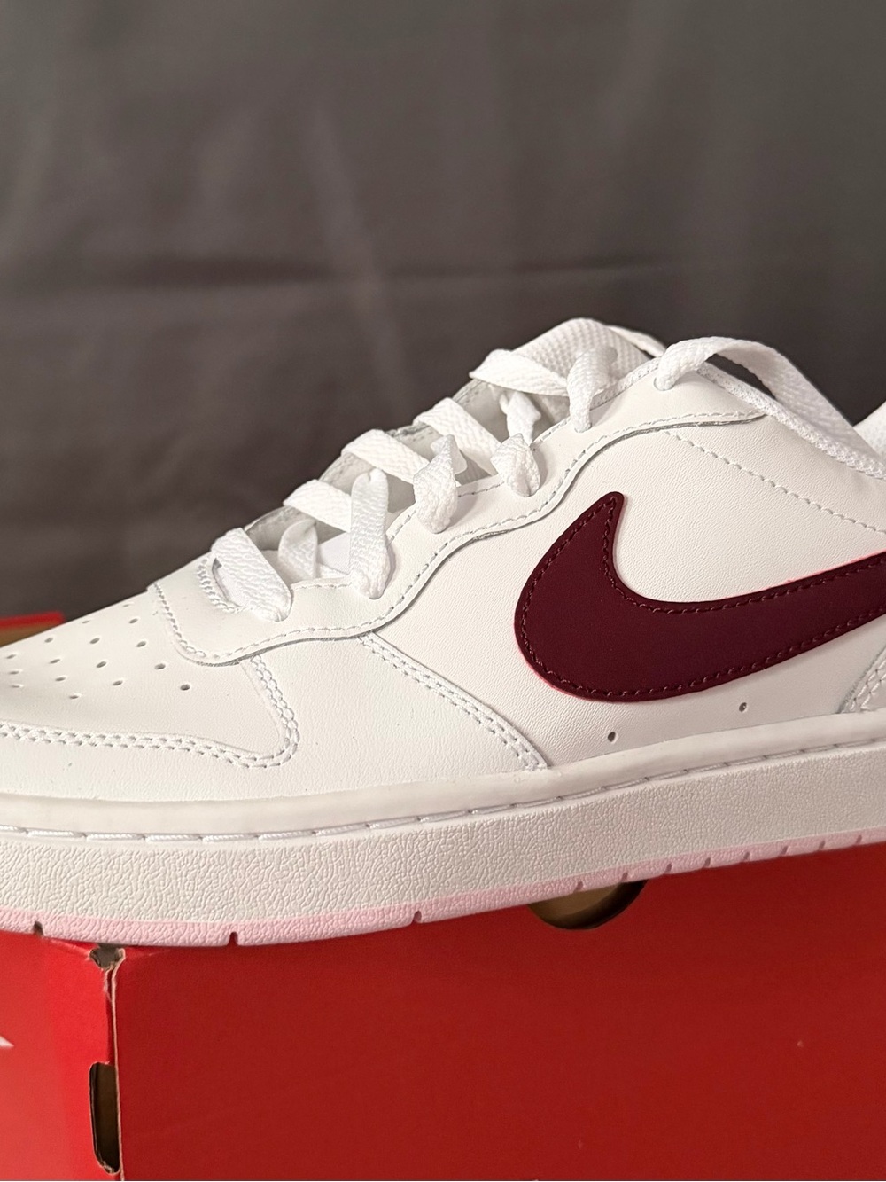 Nike White Low-Top Sneaker with Burgundy Swoosh NWT